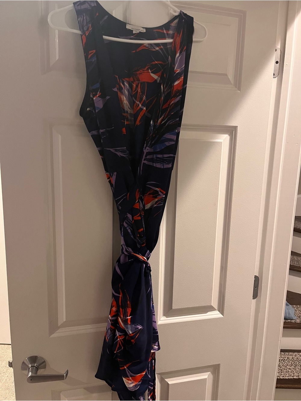 Allison Joy Navy Maxi wrap Dress with Red and Purple Abstract Brushstrokes